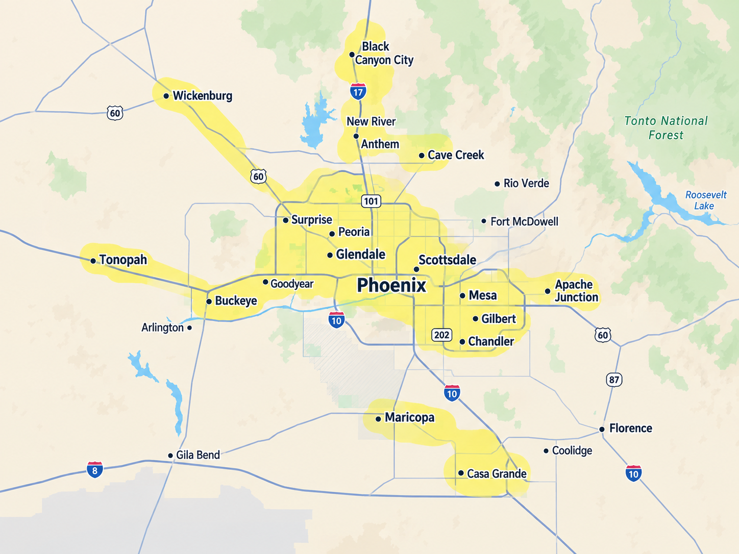 Ride N Drive service area map showing highlighted coverage throughout the Greater Phoenix Area and surrounding communities.